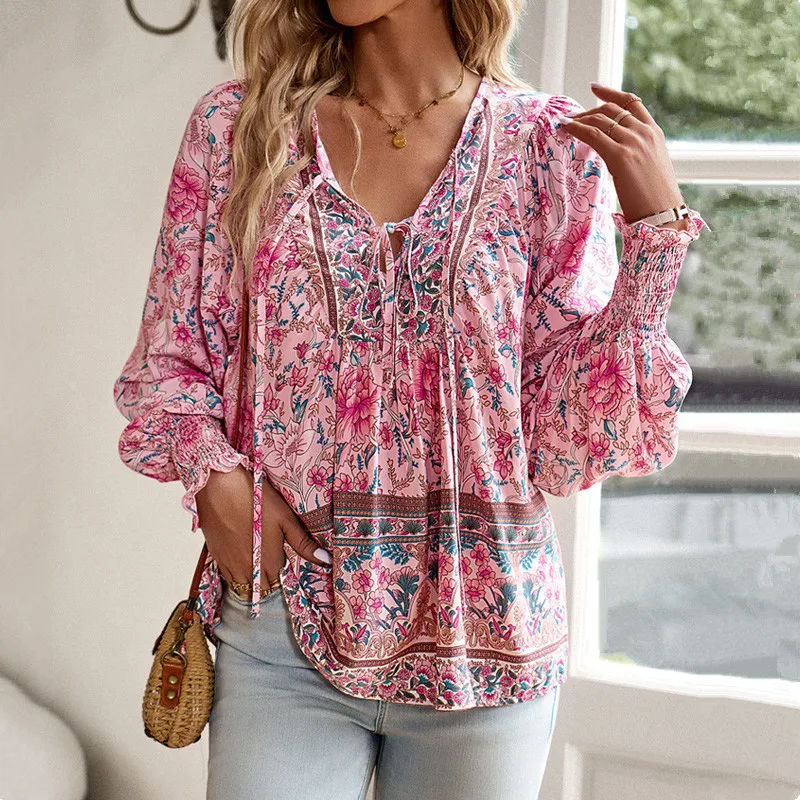 Vintage Casual Women Tie Neck Floral Printed Long Sleeve Blouse Tops