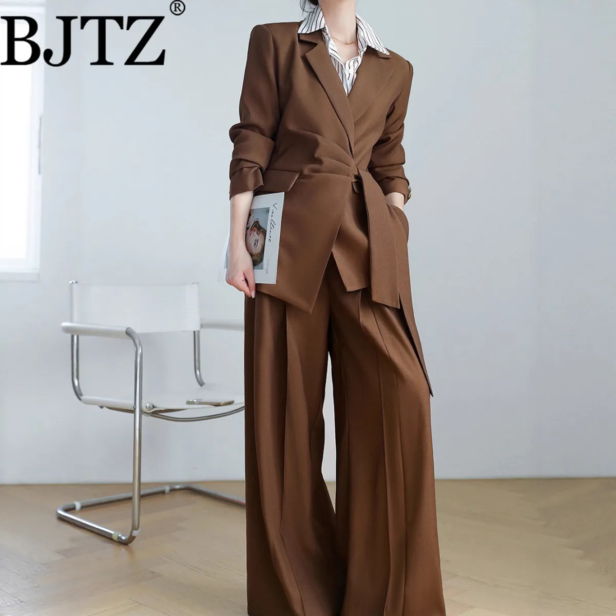

BJTZ Высококачественный женский пиджак больших размеров для пухлых женщин, весенне-осенний профессиональный костюм, костюм с широкими брюками