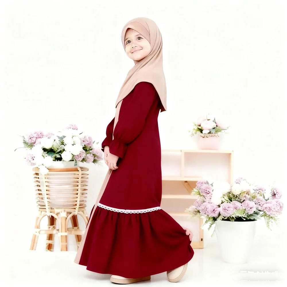 Ramadan Muslim Girls 2PCS Set Eid Khimar Jalabiya Abaya Overhead Prayer Dress Islam Arab Kaftan Child Festival Clothing Arabic