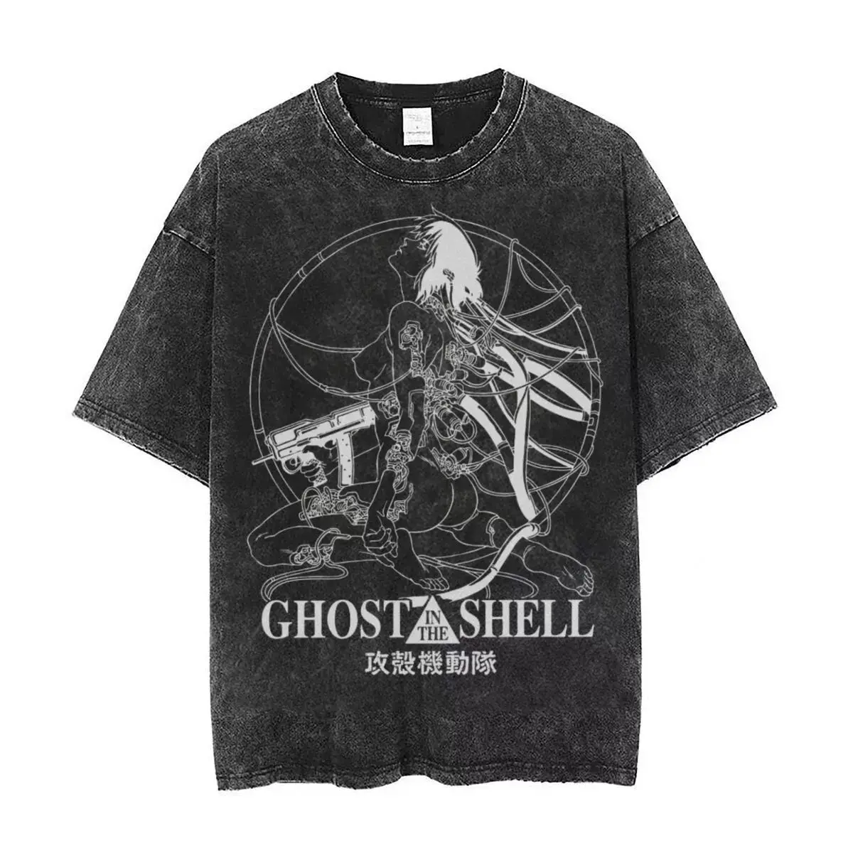 Anime Ghost in The Shell Kusanagi Motoko Print Tee Men Vintage Washed T-shirts Manga Casual T Shirt Harajuku Male Cotton Tshirt