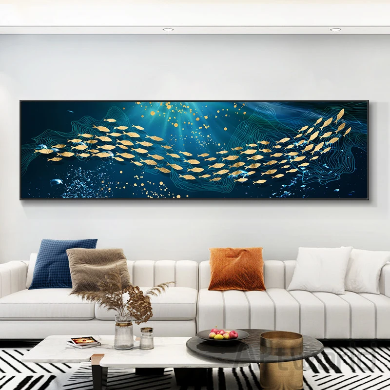 

Abstract Blue Sea Golden Fish Canvas Painting Wall Art Modern Decorative Posters and Prints Pictures for Living Room Home Decor