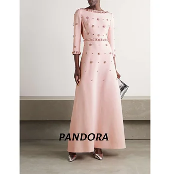 Pandora Elegant Customized Boat Neck Beaded 3/4 Sleeve Formal Evening Dress Crystal Prom Dress Dubai Wedding Party Dress