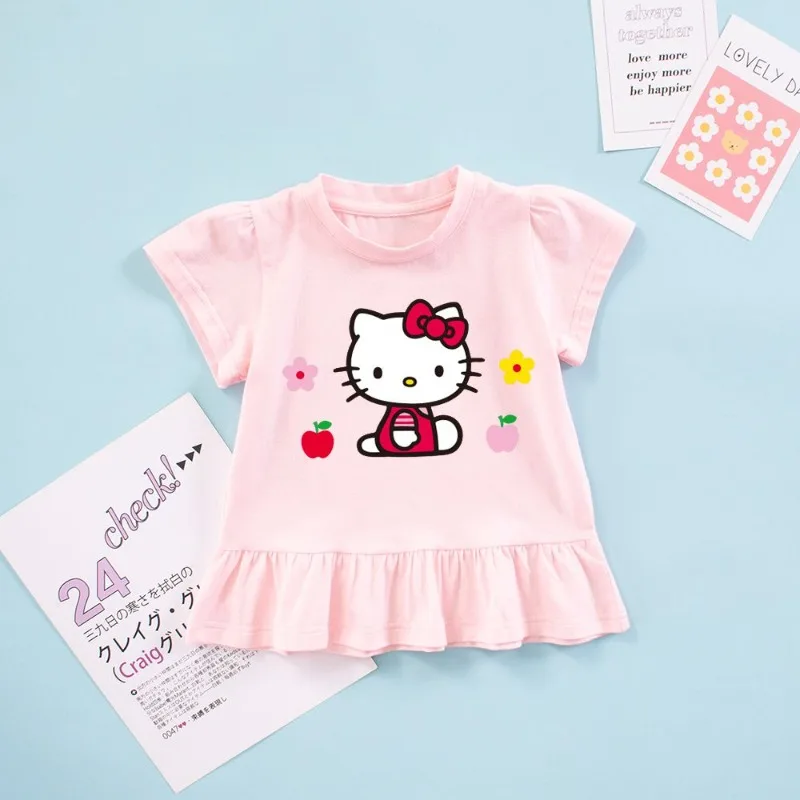 

Summer Kawaii Sanrio Hello Kitty Anime Short Sleeved T-shirt Skirt New Cute Children Top Dress Clothes Lovely Gifts for Kids