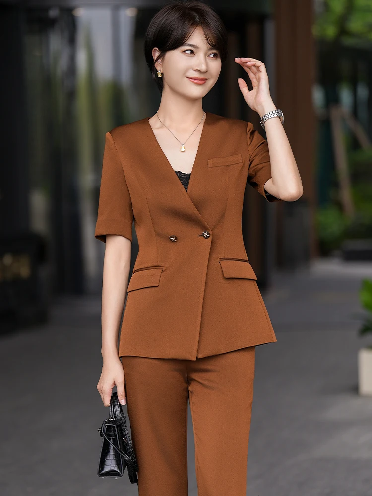 Schickes Kurzarm-Anzug-Set für Damen, professionelles Interview-Outfit, Frühling/Sommer, formelle Arbeitskleidung, Jacke und Hose im Ensemble.