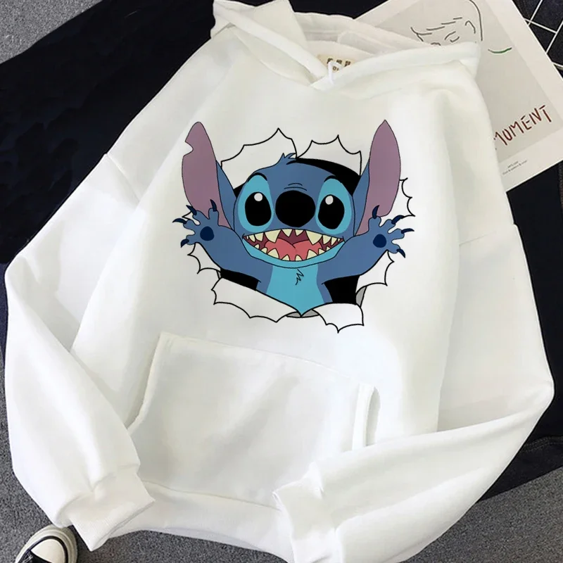 Cartoon Women\'s Hoodie Kawaii Lilo Stitch Pattern White Sweatshirt Long sleeved Hoodie Autumn Fun Anime Pullover Clothing