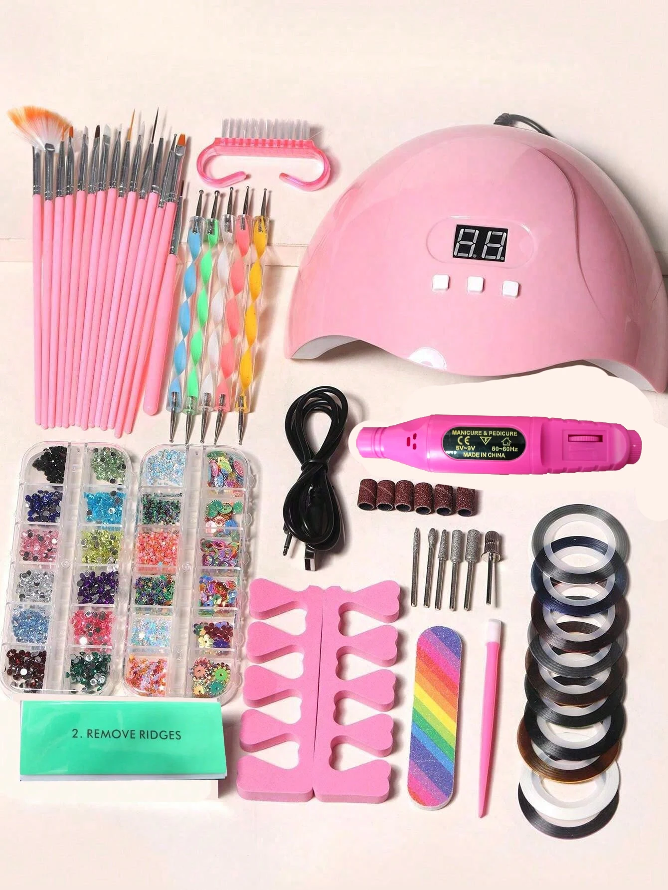 46pcs Basic Nail Art Kit With Nail Curing Lamp, Nail Drill Machine, Nail Rhinestones, Dust Brush, Nail Files, Nail Brtting Pen,