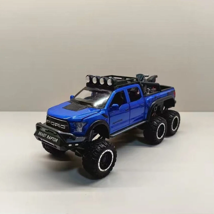 1:28 Ford Raptor F150 Big Wheel Alloy Diecast Car Model With Sound Light Pull Back Car Toys For Children Xmas Gifts