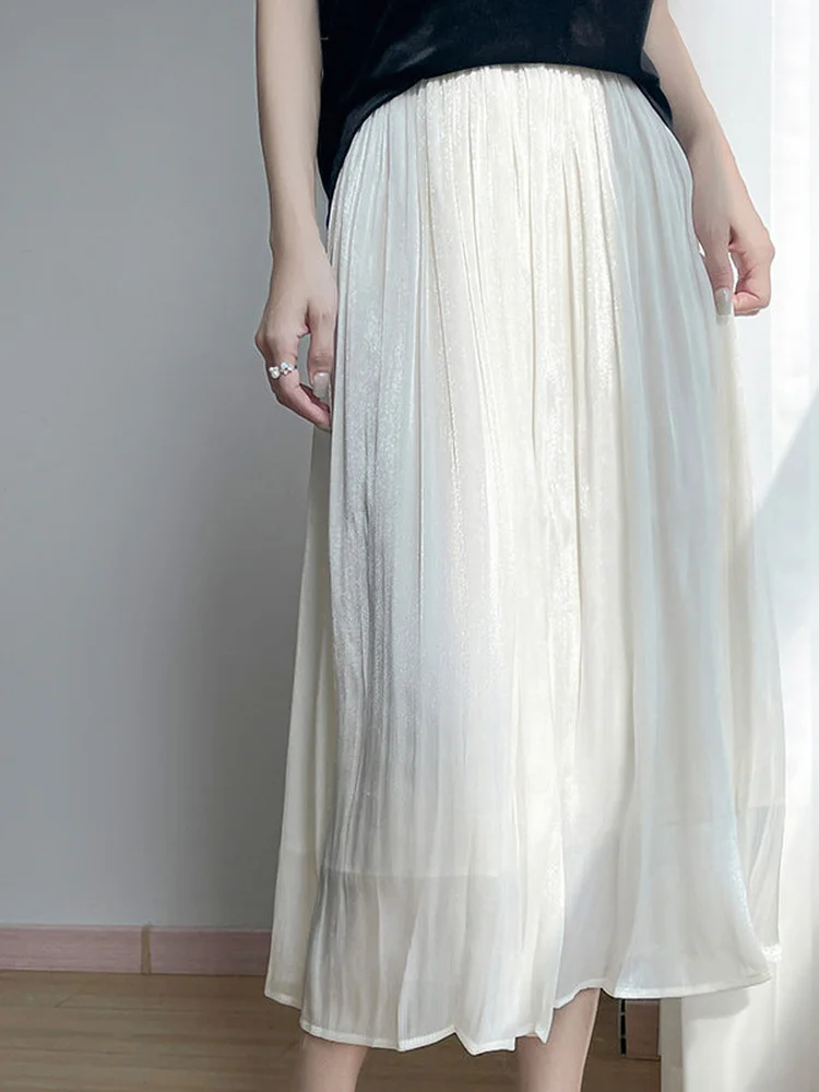 

Elegant White Shiny Half-length A-line Skirt Women's High-waist Slimming Floor-length Fairy Skirt Draping Pure Color