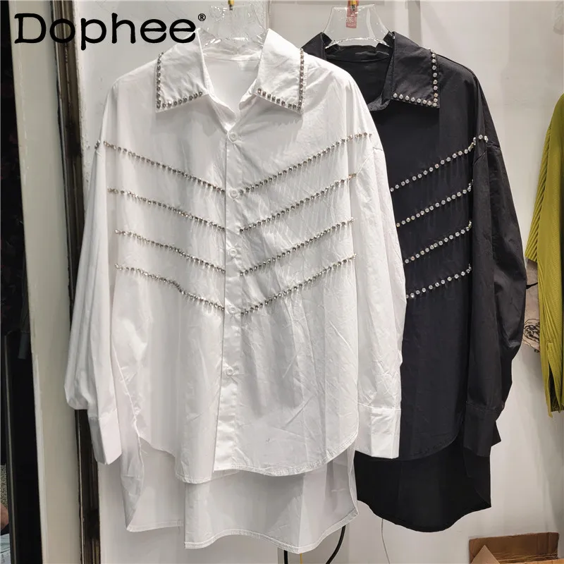 

Heavy Industry Rhinestone Loose Long-Sleeved White Shirt Female 2024 Spring Autumn Commuting Fashion Shirt Black Womens Tops