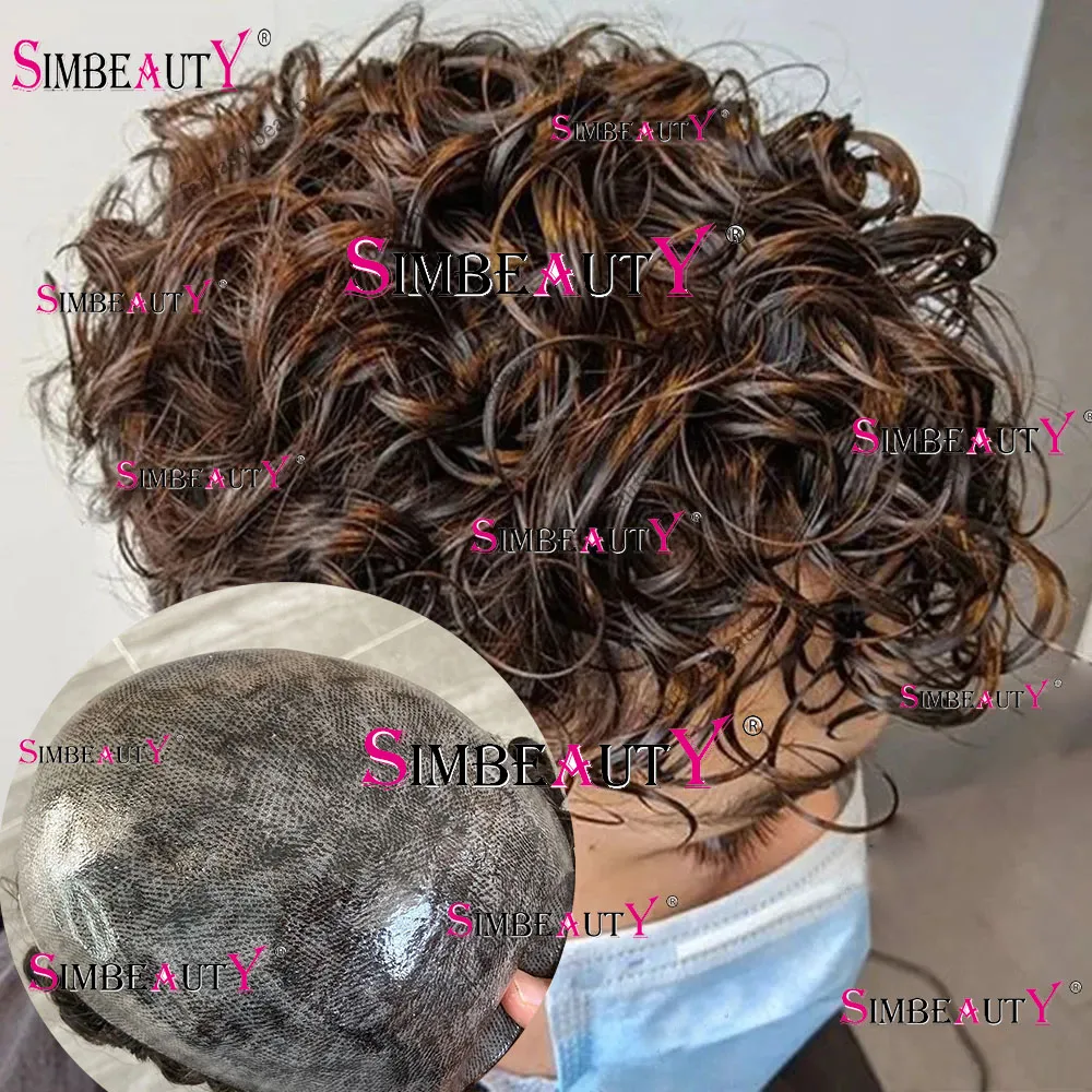 Full Thin Skin Base 20mm Curly 100% Human Hair Men's Toupee Super Durable Prosthesis Black/Cool Brown Hair Wig Natural Frontline