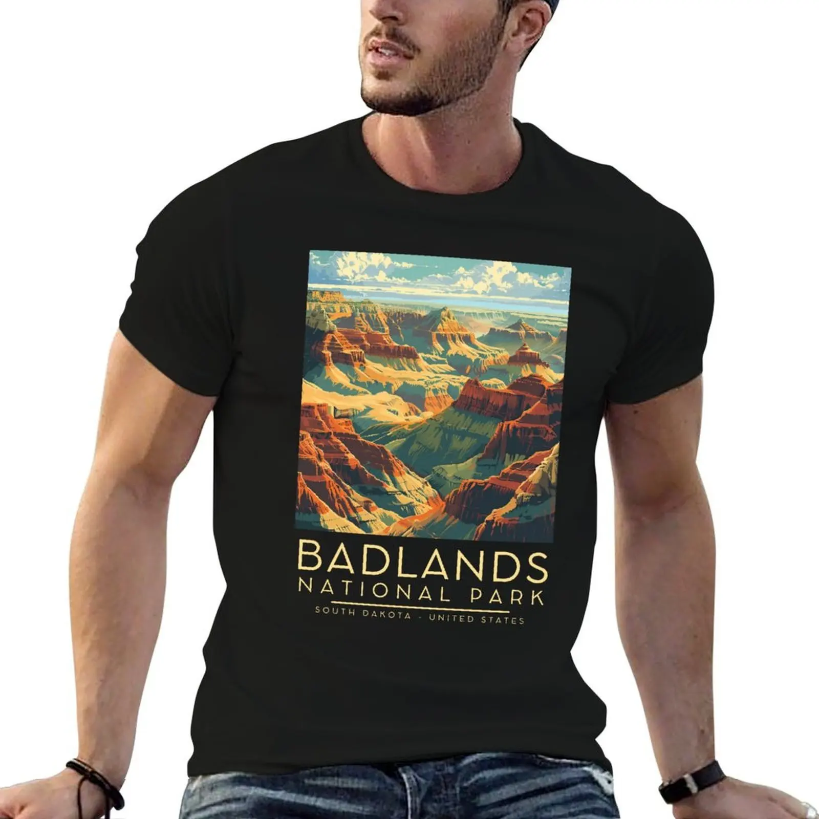 

A Vintage Illustration of Badlands National Park - South Dakota - US T-Shirt man t shirts graphic cotton t shirt pack T-Shirt
