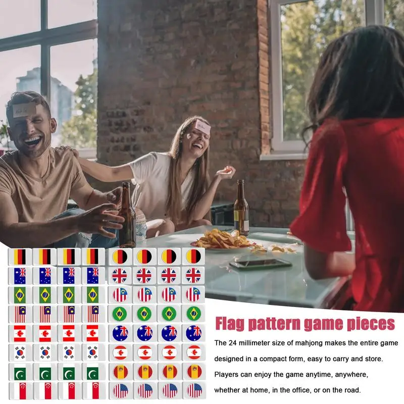 Travel Mahjong Set 64X Flag Mahjong Tile Table Card Playset Portable Matching Blocks For Home Indoor Leisure Kids Family Outdoor