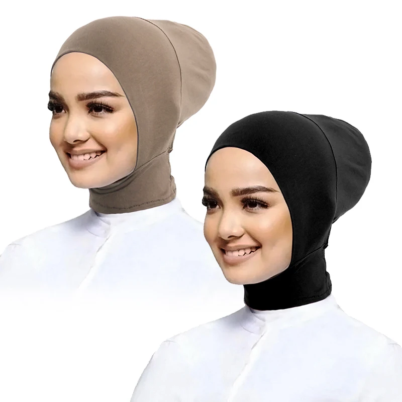 2PCS/LOT Muslim Hats Full Neck Coverage Stretchy Elastic Bonnet Solid Color Women Fashion Islamic Inner Turban Headscarf Hijab