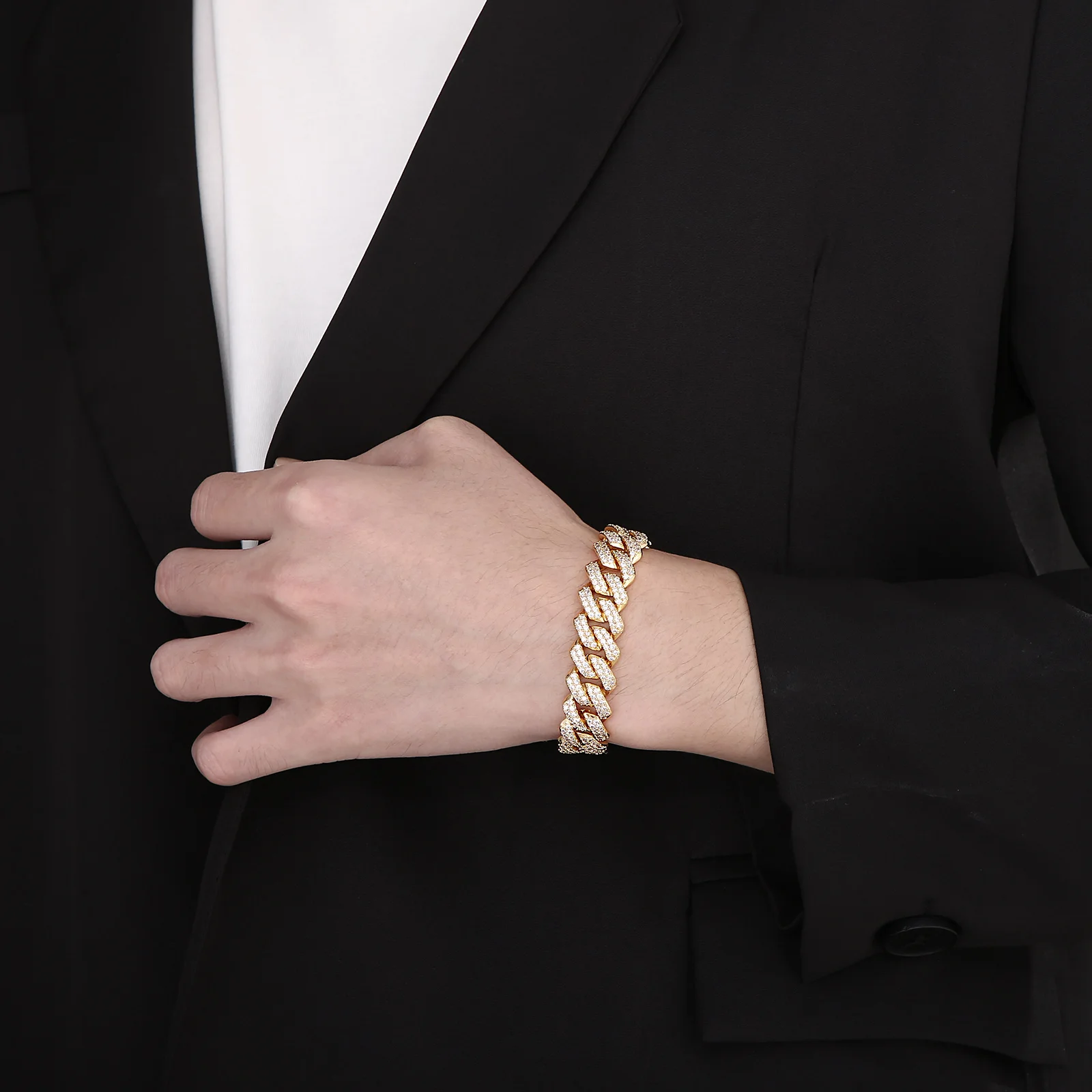 High Quality Iced Out Miami Cuban Link Chain Bracelet Gold Plated Bling Pave Hip Hop Jewelry for Men Women Valentine Gift