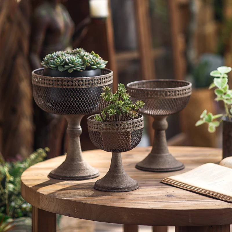 Vintage Iron Pedestal Planter, Retro Metal Flower Stand, Distressed, Decorative Goblet Vase for Home, Garden, Ritual Display