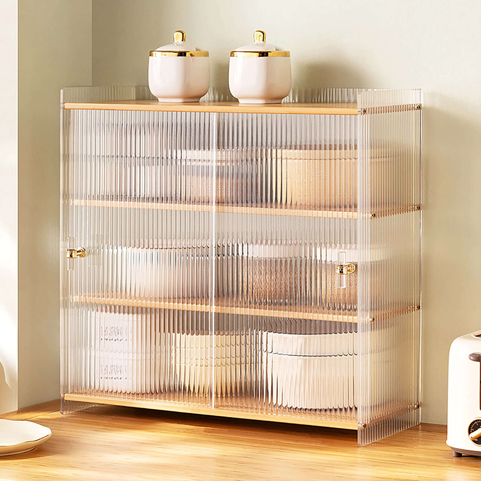 Küchenschrank aus Holz, 3/4-Boden, Küche, Badezimmer, Regal, Schrank mit transparenter Schranktür, staubdicht, 51 x 20 x 50 cm