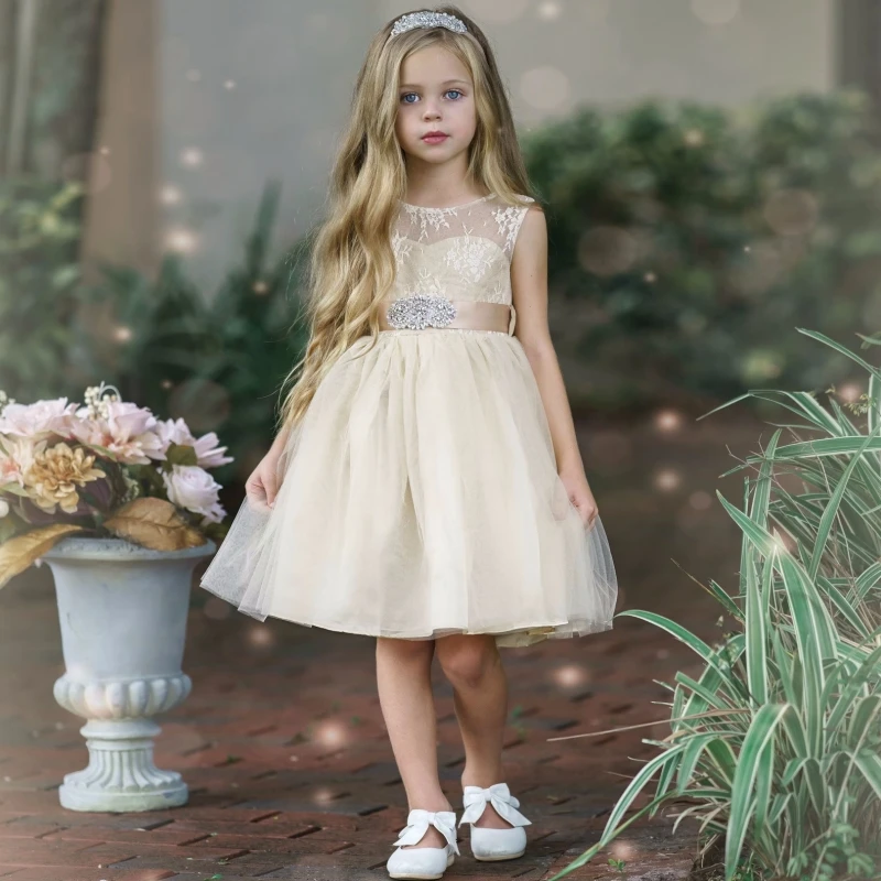 Champagne Flower Girl Dresses Tulle Puffy Appliques With Bow Belt Sleeveless For Wedding Birthday Party Banquet Princess Gowns