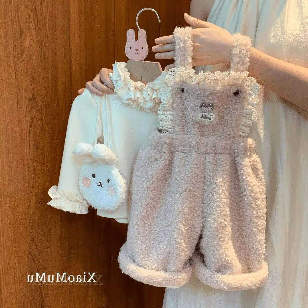 

Girls' Autumn/Winter Set New Children's Velvet Bottom Shirt+Hairy Strap Pants Two Piece Set