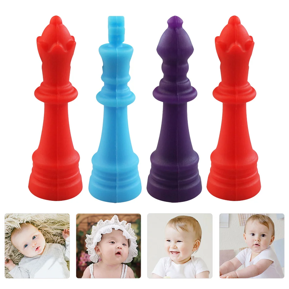 

Набор из 4 силиконовых прорезывателей-ожерелий для младенцев, безопасные, в форме шахматных фигурок, для прорезывания зубов, успокаивающие, сенсорные, цепочки-грызунки