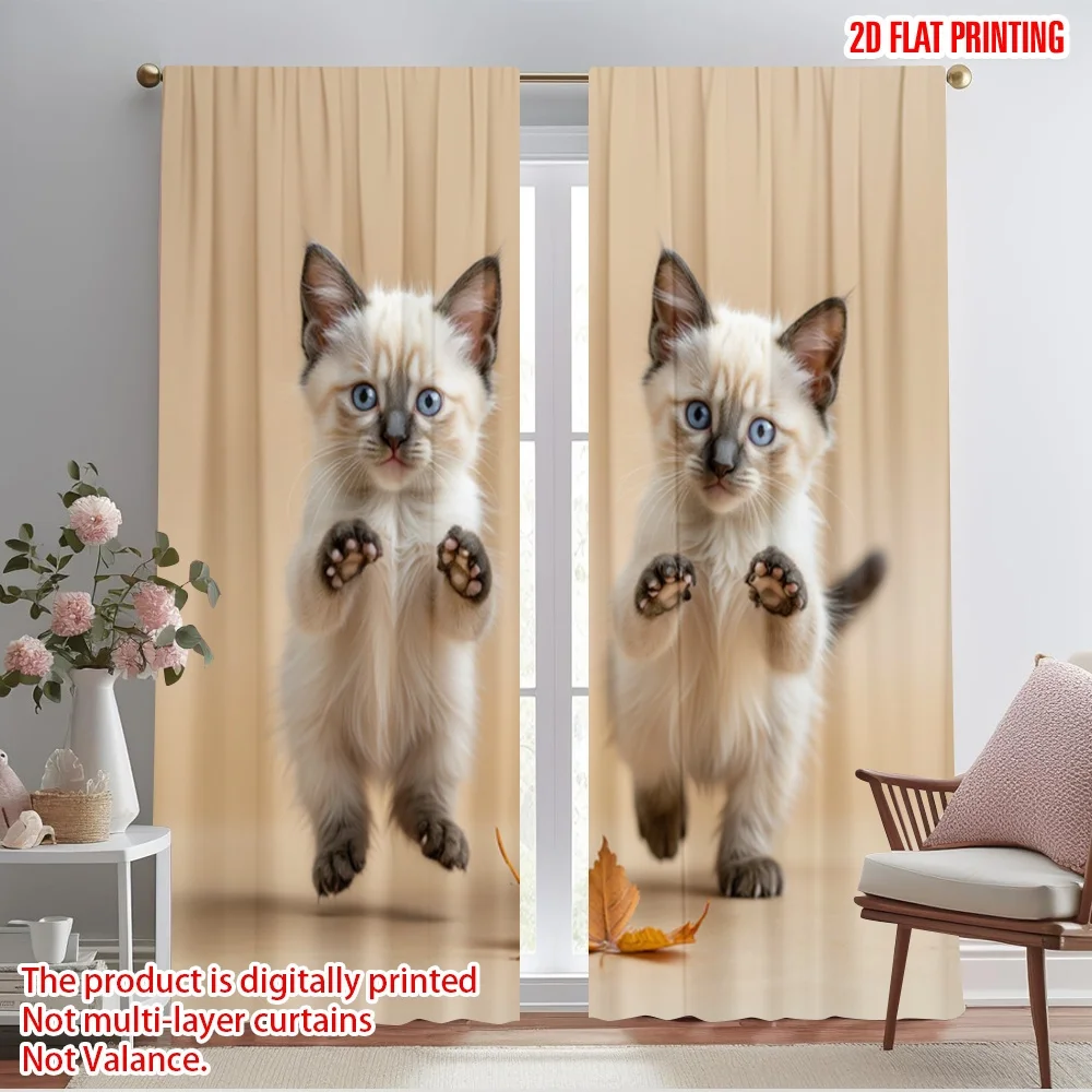 Cute Kitten Curtains, 3D Jumping Cat Window Drapes, Beige Pet Lover Decor, Blackout Fabric for Living Room Bedroom Kids Room