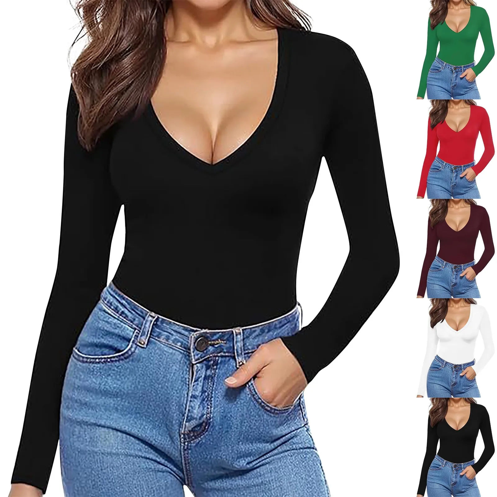 Women'S Slim Fit T-Shirts Fashion Casual Deep V-Neck Long Sleeve Solid Color T-Shirt Tops Daily Basic Bottom Shirts