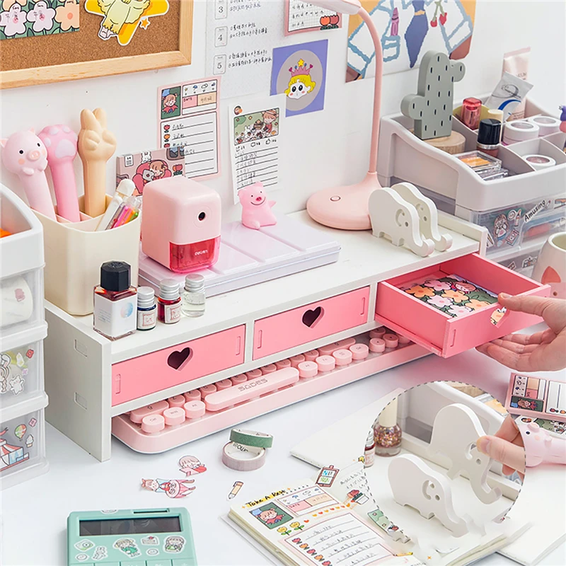 Pink Heart Drawers Monitor Laptop Increase Rack Organizer Office Desktop Computer Screen Riser Stationery Pen Storage Holder