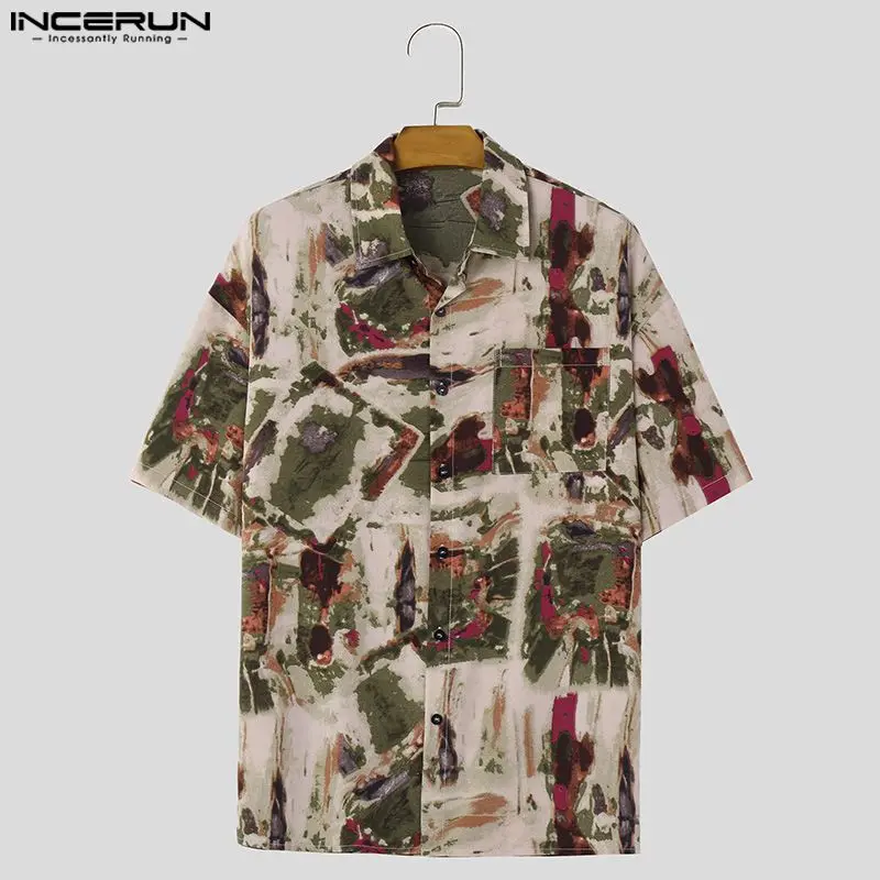 2024 Men Shirt Printing Summer Korean Style Loose Lapel Short Sleeve Fashion Shirts Streetwear Casual Men Clothing S-5XL INCERUN