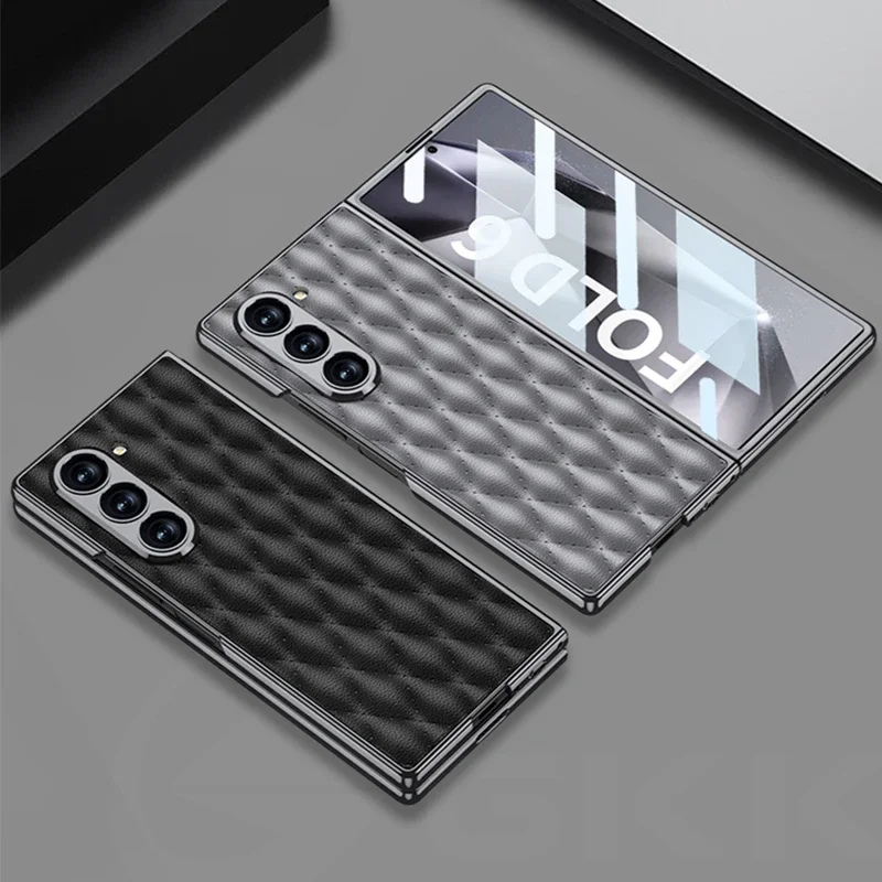 Para Samsung Galaxy Z Fold 6 funda de cuero de diamante de lujo chapado pantalla de cristal cámara cubierta protectora para Galaxy Z Fold6 5 funda
