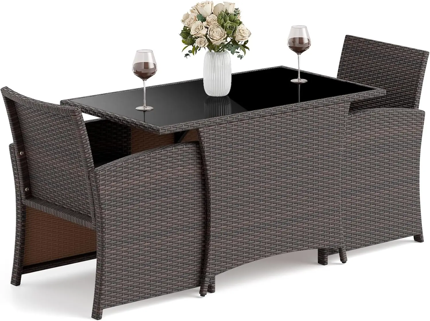 

Комплект из 3 предметов: плетеная обеденная мебель для патио, набор мебели для балкона с обеденным столом из закаленного стекла, 2 стула, удобные подушки, компактный дизайн.