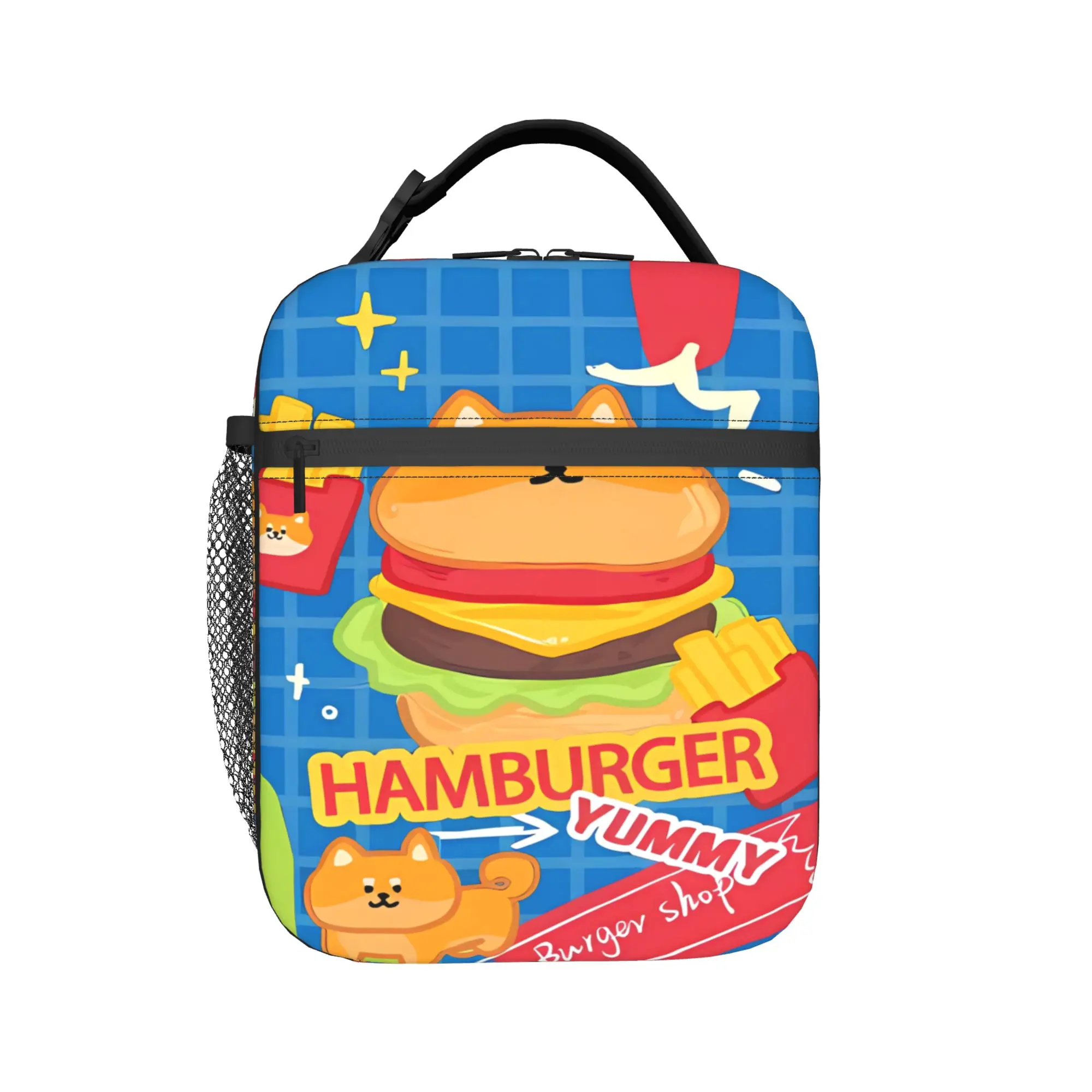 Cat-Shaped Burger With Fries On Blue Grid Background Lunch Bag Retro Lunch Box For Men  Office Cooler Bag Thermal Tote Handbags