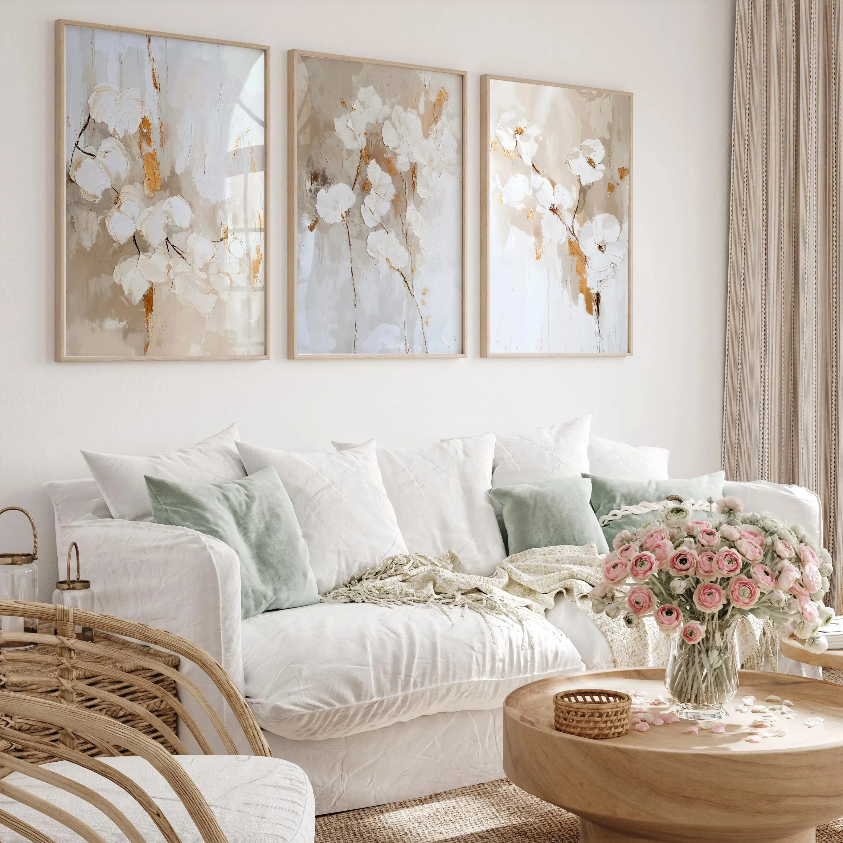 1pc frameless Set of 3 Neutral-Toned Magnolia Floral Prints Beige Minimalist Abstract Floral Canvas Posters Oil Painting Style H
