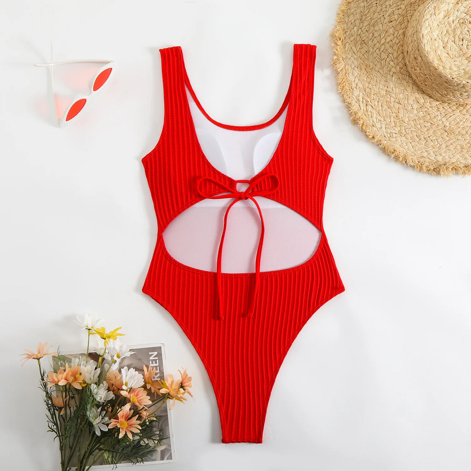 Women\'s Solid Color Red One Piece Swimsuit Summer Beach Vacation Monokini Conservative Bikini Slim Backless Swimwear 2025 New