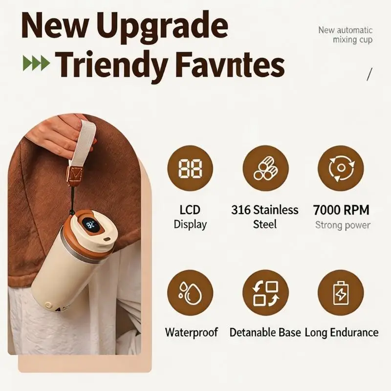 Rechargeable Automatic Stirring Cup with Top-Mounted Temperature Display, Button-Activated Mixing, Removable Base, and D2RD