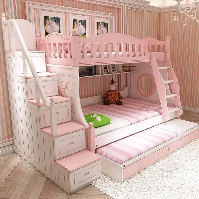 سرير أطفال طفل مونتيسوري سرير أطفال غرفة نوم أطفال تصميم وردي سرير ذو طابقين Letto أثاث أطفال مونتيسوري