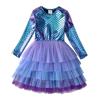 VIKITA Girls Mermaid Print Dress Kids Layered Mesh Tulle Cake Ball Gown Tutu Dresses Girl Party Performance Princess Dress 3-12Y 5