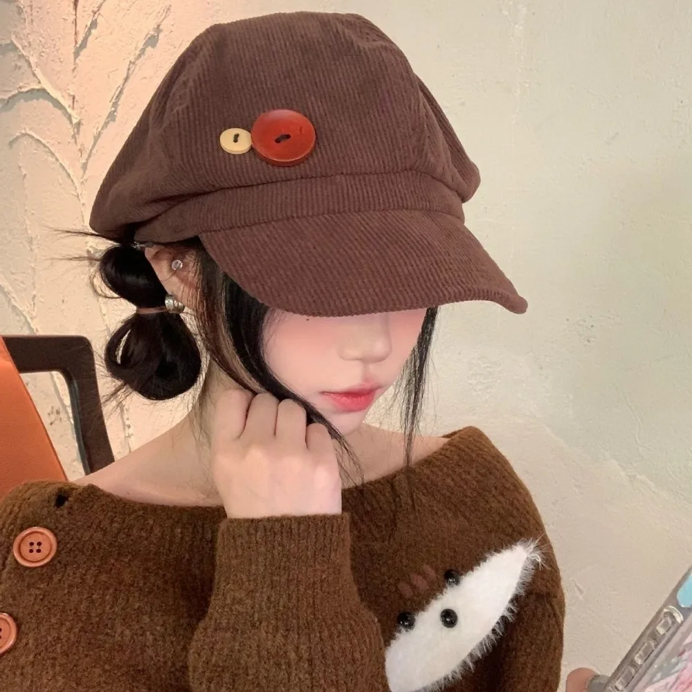Simple Y2k Double Button Berets Hat Japanese JK Corduroy Baseball Cap Keep Warm Harajuku Octagonal Hat Female