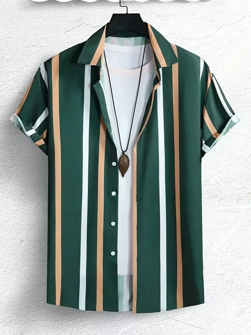 Summer New Fashion Menswear Trend Printed Striped Casual Loose Short-Sleeved Shirt Daily Trend Men\'s Short Sleeve Turn-Down Tops