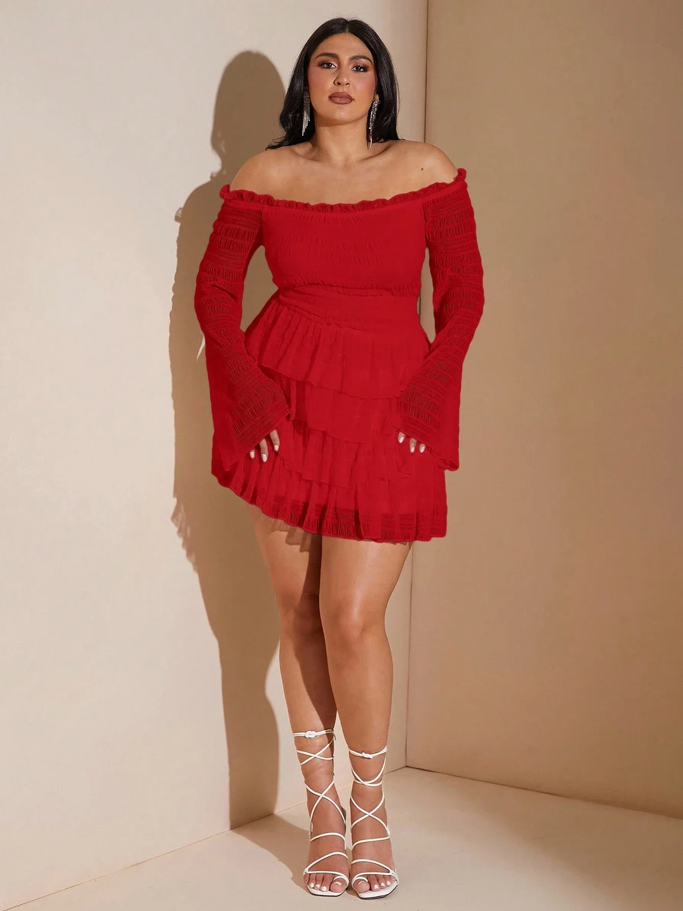 

Off Shoulder Long Sleeve Ruffle Pleated Tiered Mini Dress Red