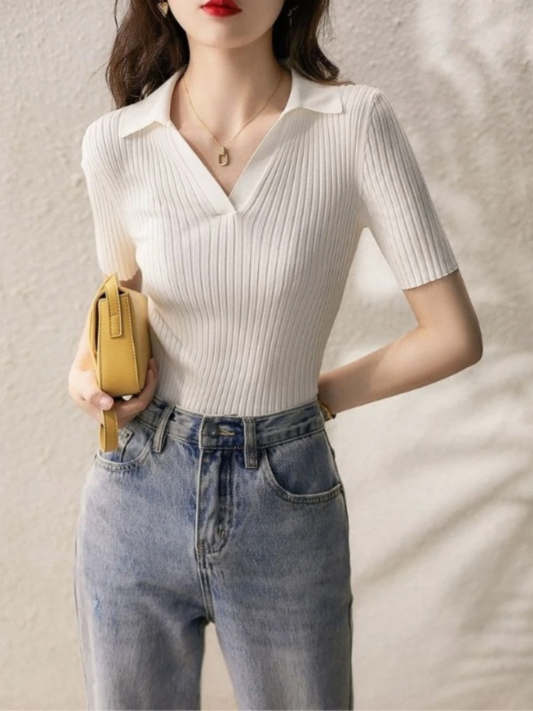 Polo Neck Shirt for Women Knitted Plain Woman T Korean Clothing Casual Tops Short Sleeve Tee Youth Basic Summer 2024 Aesthetic