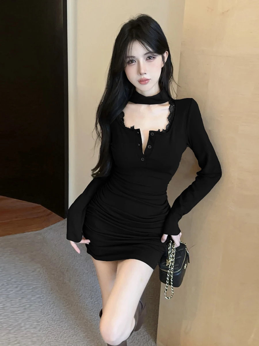 

Sexy Chic Long Sve U-Ne Lace Trim Dr Hing Body Base Skirt for Women Sweet And Spicy Pure Desire Faion