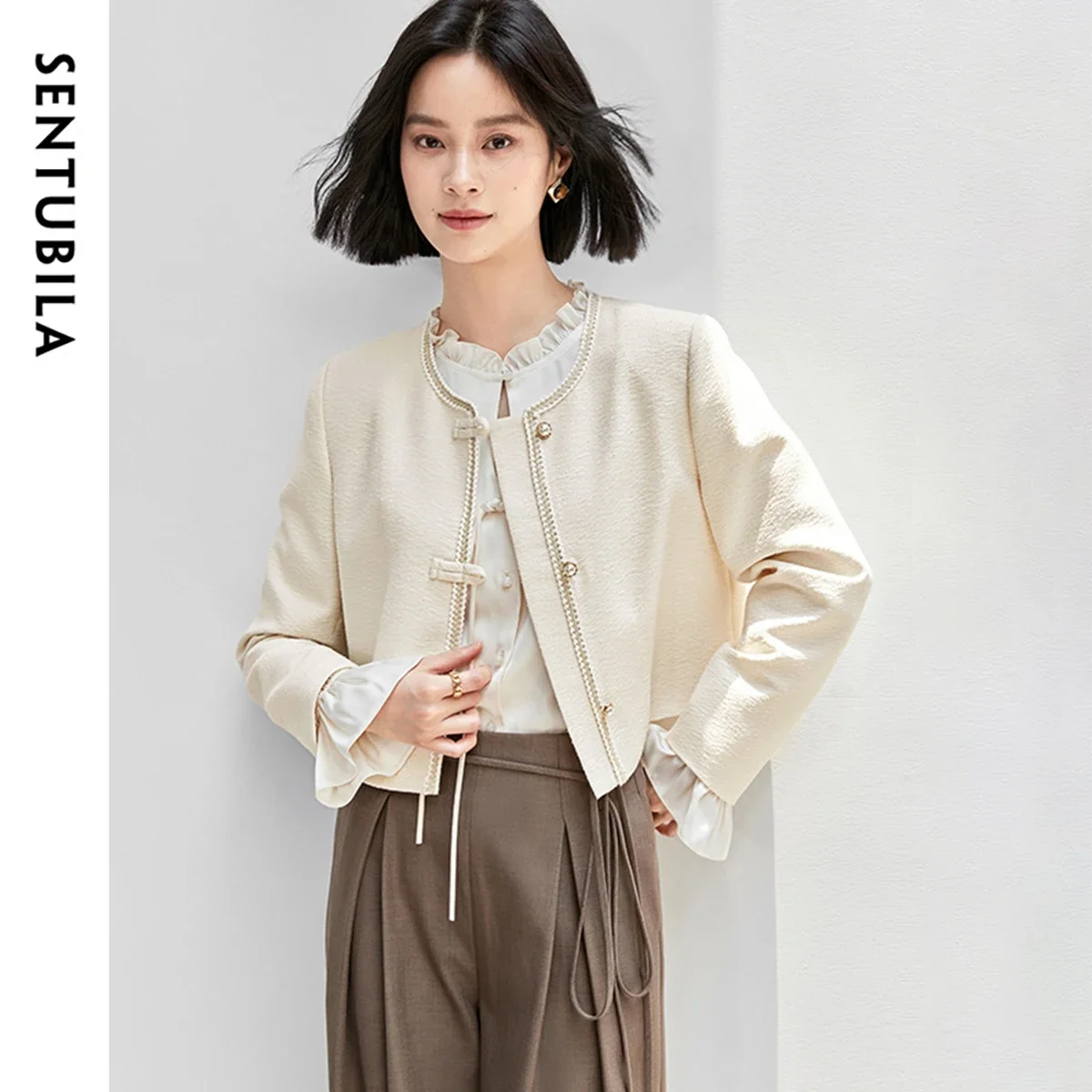 

SENTUBILA женская куртка в корейском стиле, весна-осень 2021, прямая однобортная верхняя одежда с круглым вырезом спереди, 143W55664