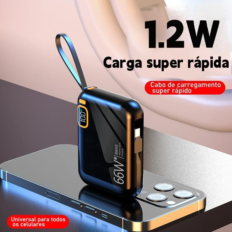 Power Bank 12000mAh Compacto com Carregamento Super Rápido e Cabos Integrados, Leve e Ideal para Viagens