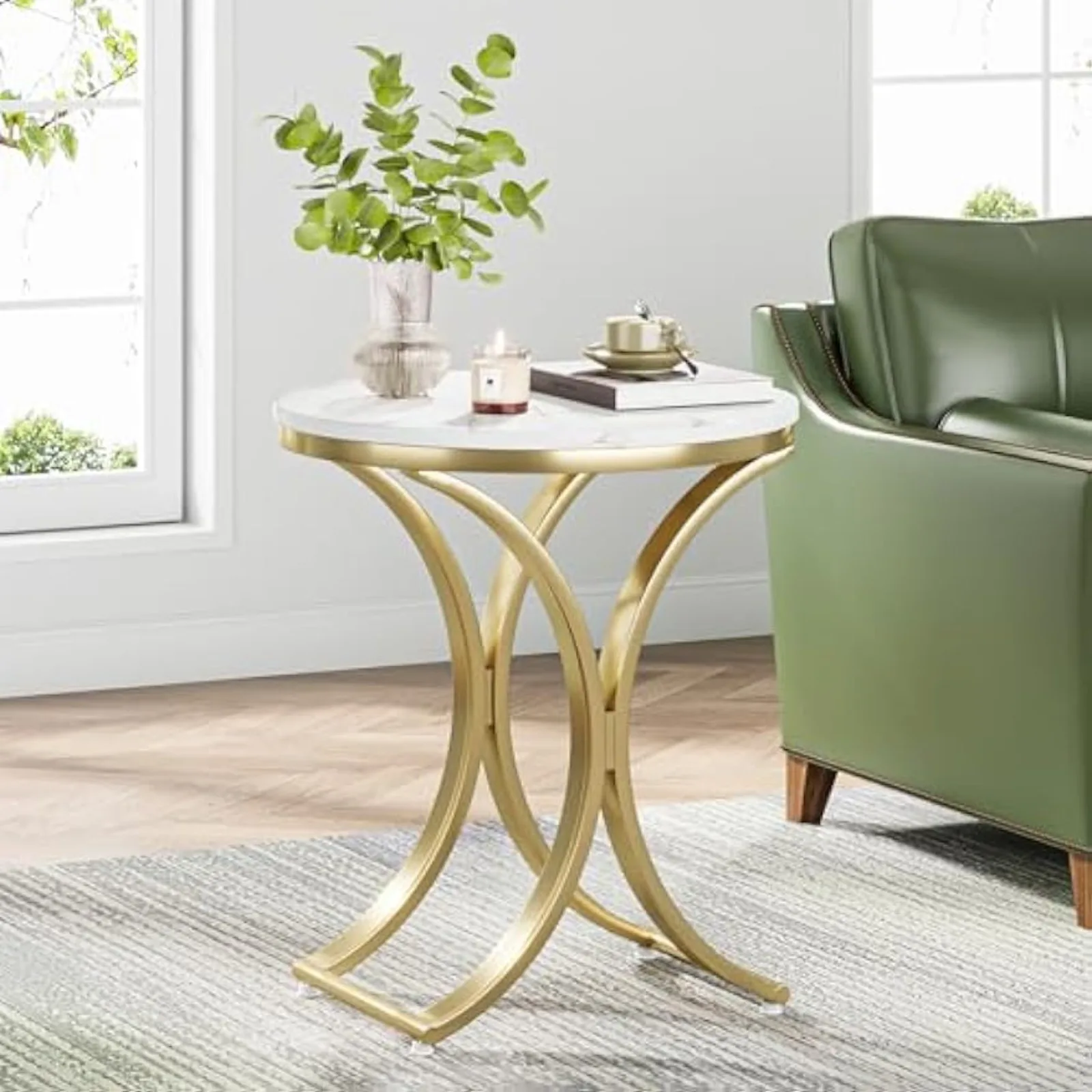 

US Tribesigns Small Round Sofa Side Table, Marble White and Gold End Table, Contemporary Marble Side Table,