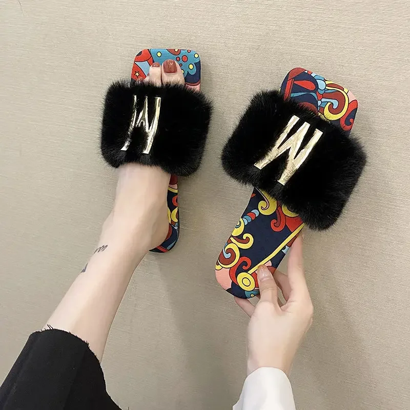 Women Summer Furry Fur Slippers Flat Non-slip Solid Real Fox Fur Slides Fluffy Slippers Ladies Shoes Woman Home Slipper