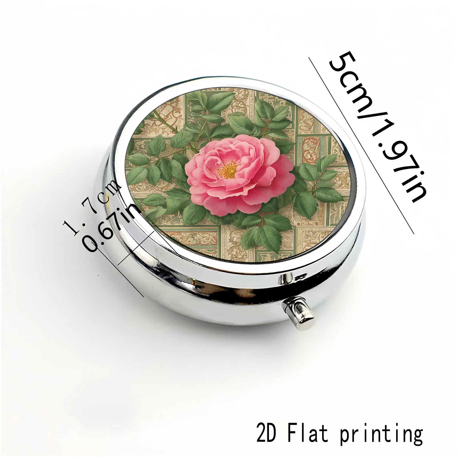 Elegant Pattern with Pink Roses and Vintage Gold Lines on the Background, Two Types of Small Pill Boxes Available: One with Three Compartments and One with Two Square Compartments, Portable Medicine Storage Suitable for Handbags or Travel, Elegant Design, Polished Finish, Exclusive for Daily Medication Users.