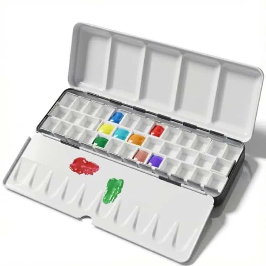 

Empty Watercolor Palette Tin with Lid - Holds 24 Half Pans 37 Included,6 Fold-Out Mixing Areas - Metal Travel Box for DIY Art