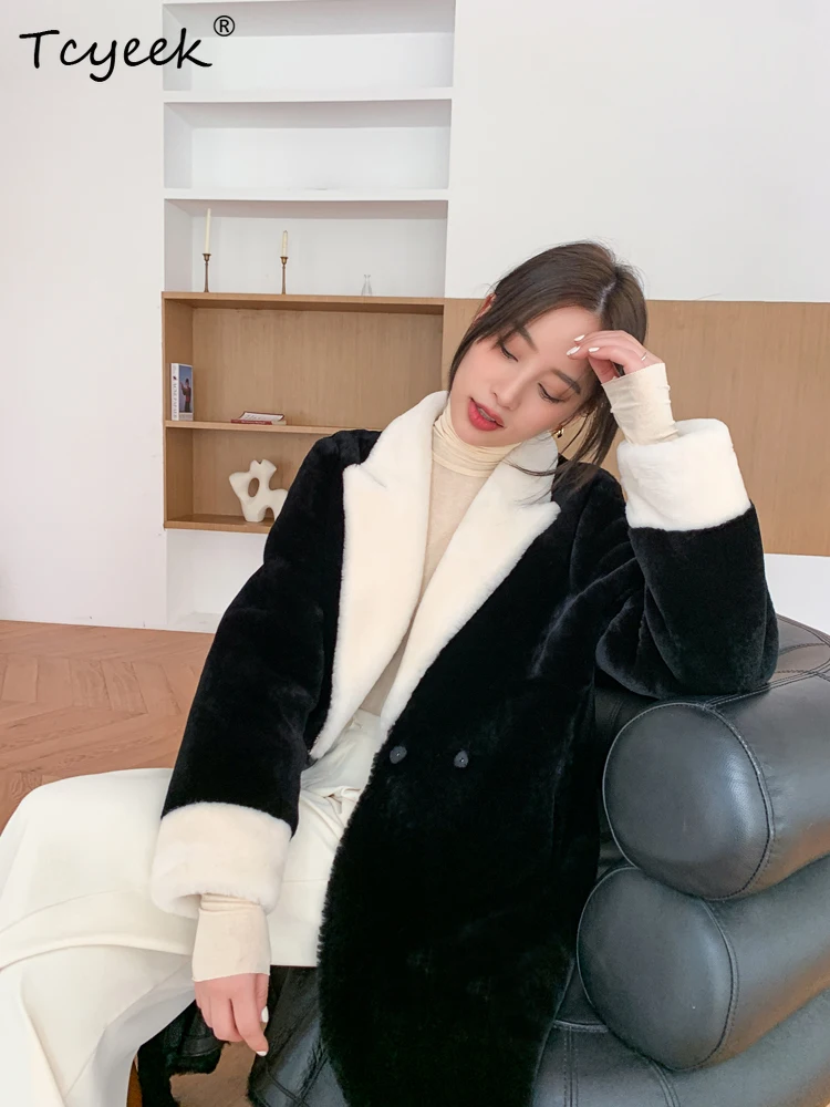 Tcyeek Genuine Leather Autumn Winter Fur One-piece Suit Collar Loose Black Medium Length Women's Wool Fur Coat Fourrures Femme