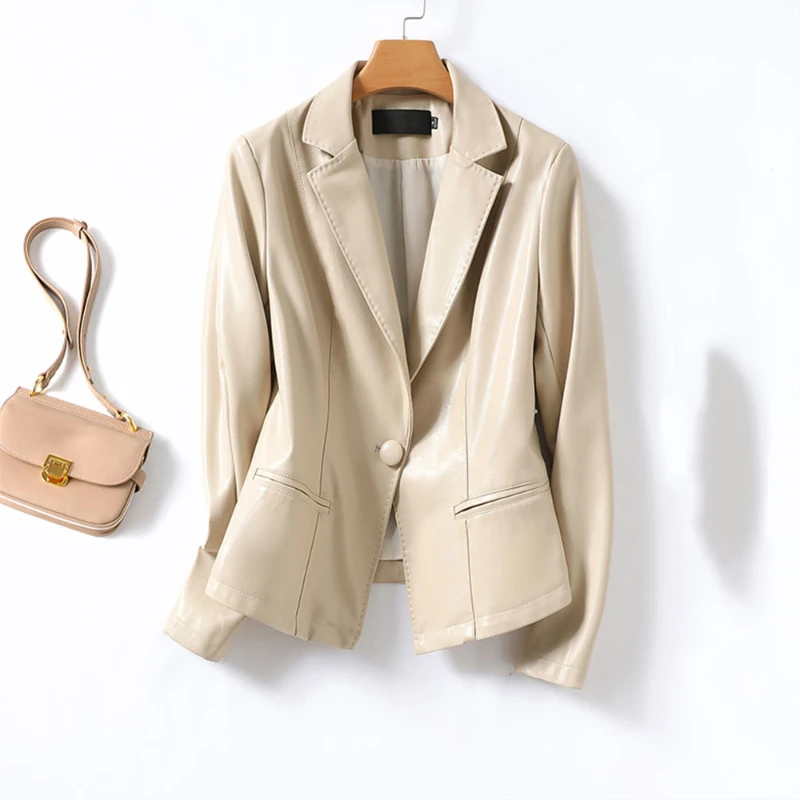 Blazer informal de oficina para mujer, chaqueta de traje de piel sintética, abrigo de piel de oveja de PU para primavera y otoño, prendas de vestir exteriores ajustadas con una sola hebilla para mujer