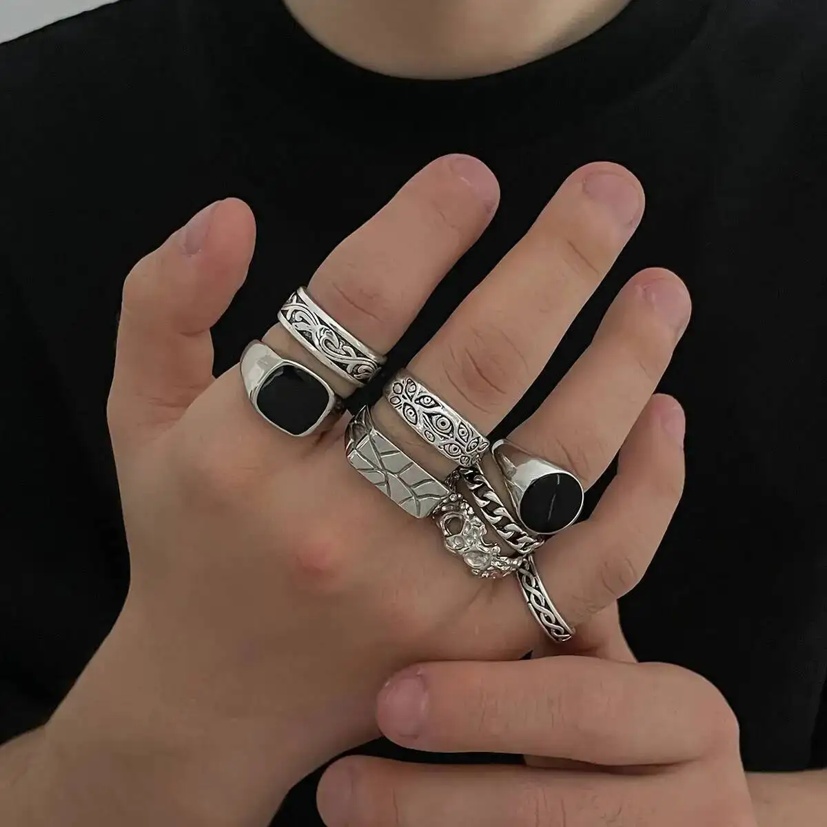 IngeSight.Z 8 Pcs Gothic Punk Silver Color Ring Set Men Creative Irregular Geometric Finger Rings Steampunk Jewelry Accesorios