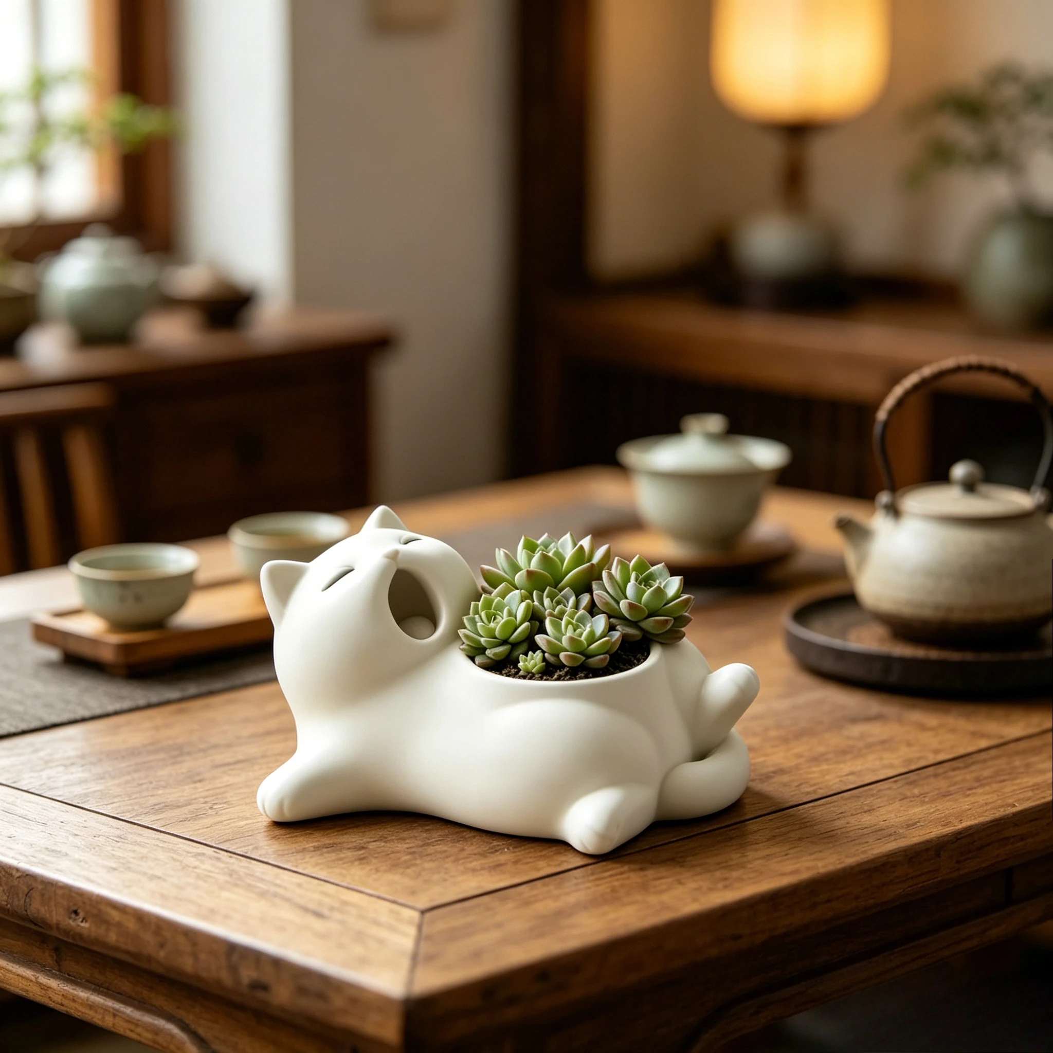 Cute Yawning Cat Shaped Sculpture Planter Mini Desktop Decor Creative Gift for Friends Girlfriend Office Home Cute Display